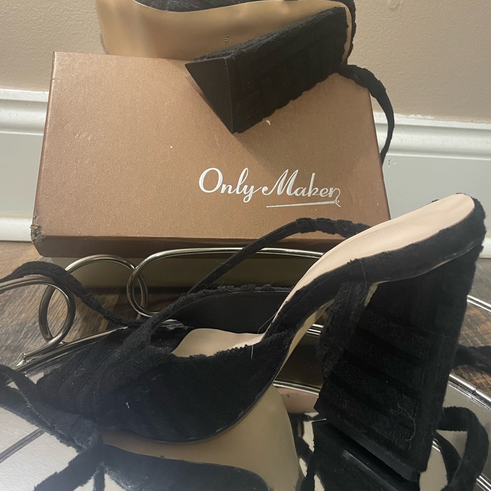Black Suede Lace-Up Block Heel Sandals